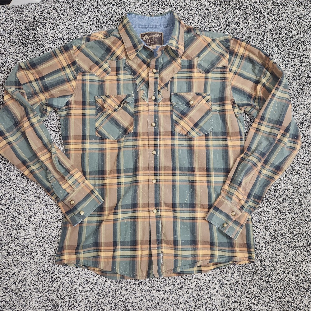 Wrangler Retro Pearl Snap Plaid Long Sleeve Shirt Green Tan Brown Men M Western
